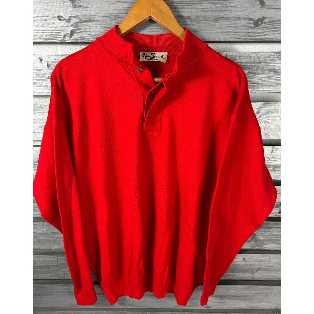 Vintage Alan Stuart Red Wool Long Sleeve Pullover Henley Sweater Mens M/L Italy
